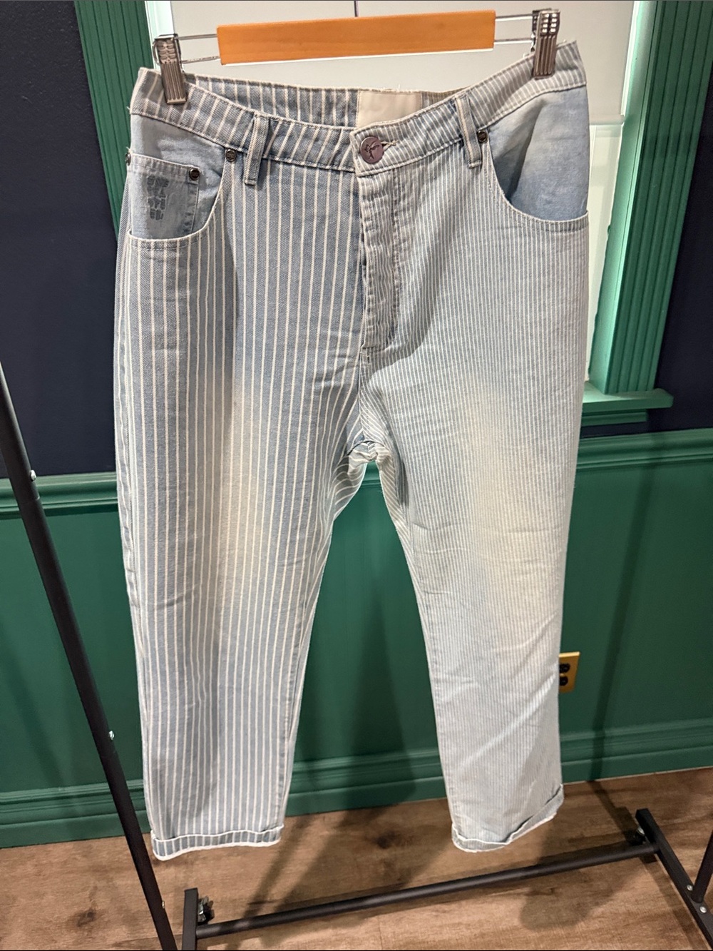 One Teaspoon Blue & White Striped Cropped Jeans
